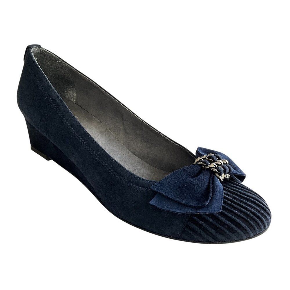 Stuart Weitzman Suede Wedge Bow Front Shoes Blue 7